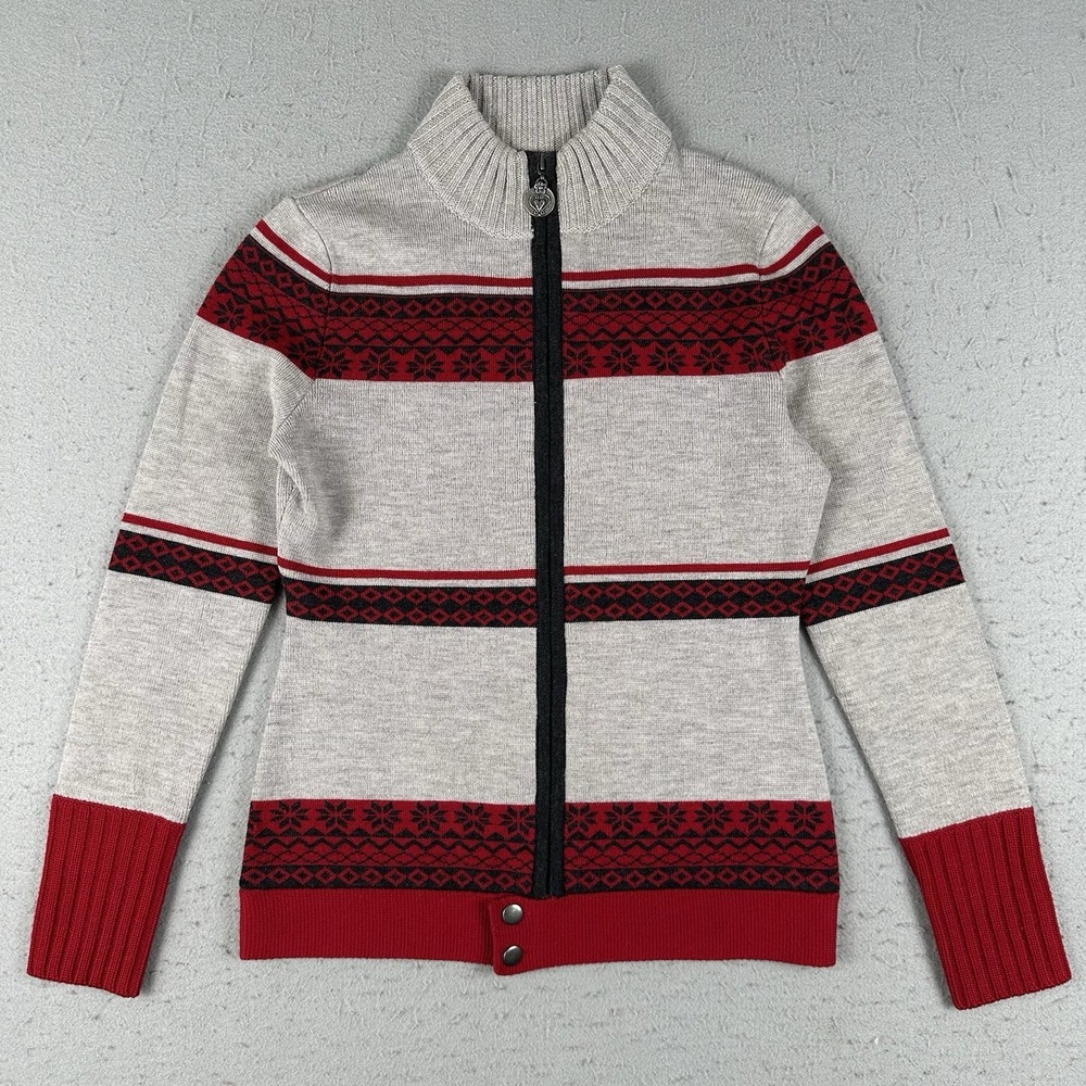 Neve Full Zip Sweater Cardigan Women's Small‎ Gray Red Nordic Pattern Wool Ski